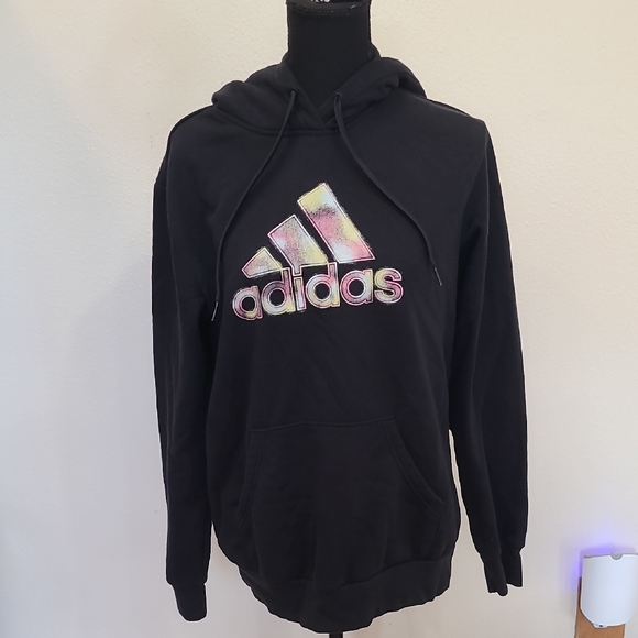 adidas Tops - Adidas Black Hoodie with Multicolor Logo - Like New